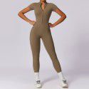 Zipper short sleeved nude yoga jumpsuit for women's outerwear fitness and sports jumpsuit