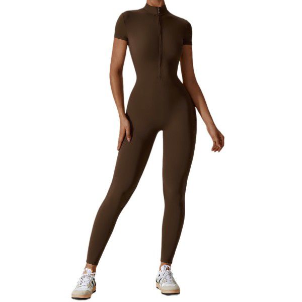 Zipper short sleeved nude yoga jumpsuit for women's outerwear fitness and sports jumpsuit