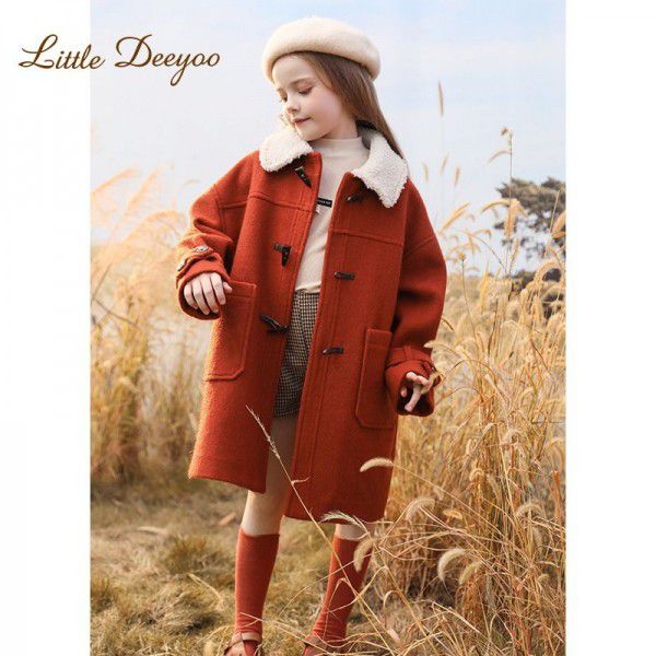 Girls' woolen coat, winter clothing, new children's coat, stylish, medium to long, thick cotton jacket for big children 