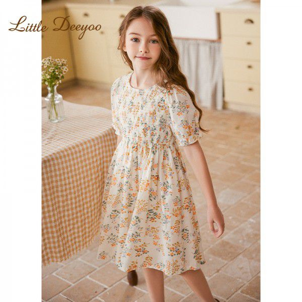 Girls summer short sleeved dress, stylish and thin children's floral cotton dress, little girl dress