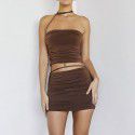 Wrinkled backless suspender vest, buttocks wrapped short skirt two-piece set for women