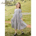 Girl's dress, spring and autumn, spring clothing, big children's dress, long sleeved retro children's floral dress, bubble sleeves