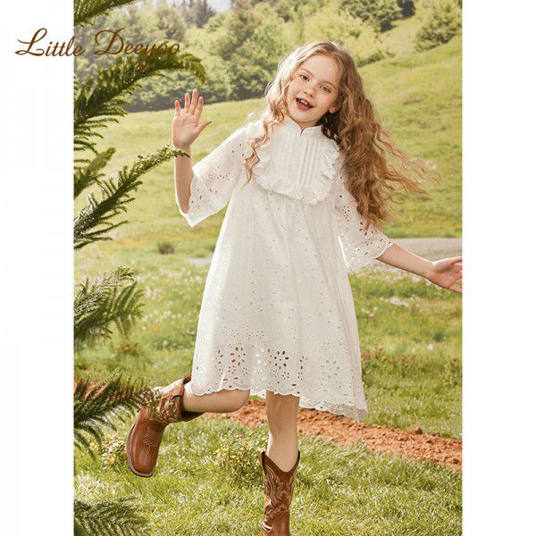 Spring girl's dress with hollowed out embroidery and lace, large children's stylish princess dress, children's long skirt