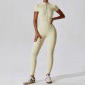 Zipper short sleeved nude yoga jumpsuit for women's outerwear fitness and sports jumpsuit