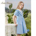 Girl's Bubble Sleeves Doll Neck Dress for Children's Big Children Cotton Fabric Tencel Cool Princess Dress