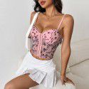 Spicy Girl Low cut Perspective Sling with Mesh Fishbone Tie Waist Short Top for Women