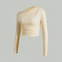 Sexy and pure desire style slanted shoulder knit top with a slim fit pleated long sleeved bottom for both inner and outer wear