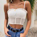 Wind Summer Lotus Leaf Ear Edge Open Back Sexy Perspective Mesh Slim Fit Open Navel Suspended Small Tank Top Women's Short