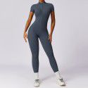 Zipper short sleeved nude yoga jumpsuit for women's outerwear fitness and sports jumpsuit