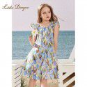 Girl's Dress Summer Tulip Fragmented Flower Dress Fashionable Small Flying Sleeves Thin Open Back Middle Big Girl Princess Dress