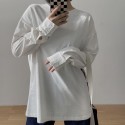 Solid color round neck white long sleeved women's T-shirt, spring new Korean loose cotton bottom top