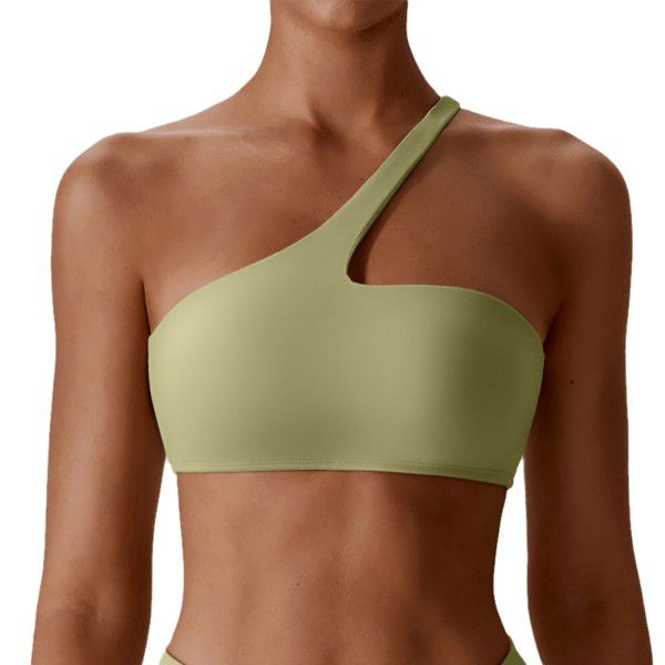 Diagonal shoulder nude yoga bra, running sports bra, quick drying and beautiful back fitness yoga suit