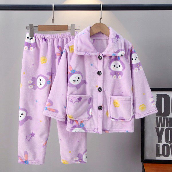 Autumn and winter new children's flannel pajamas for boys and girls, baby long sleeved thickened coral velvet home clothing set