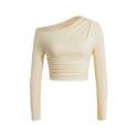 Sexy and pure desire style slanted shoulder knit top with a slim fit pleated long sleeved bottom for both inner and outer wear