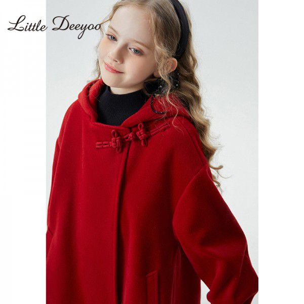 Girls' autumn/winter woolen coat, new winter style, children's red button woolen coat