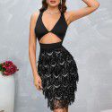 Autumn/Winter Hanging Neck Skirt Sexy V-neck Sequin Tassel Hollow Open Back Dress