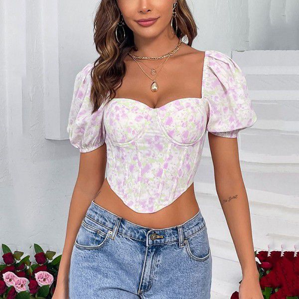 Sexy Top Summer New Printed Chiffon Fishbone Chest Cup Steel Ring Women's T-shirt