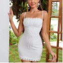 Lace camisole dress with backless front strap and pleated buttocks wrap skirt