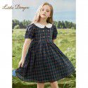 Girls college style dress, pure cotton, thin doll neck, stylish children's plaid princess skirt