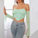 Women's new sexy and fashionable fishbone exposed navel pleated mesh T-shirt with tank top and suspender for women