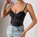 Spicy Girl Low cut Perspective Sling with Mesh Fishbone Tie Waist Short Top for Women