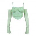 Women's new sexy and fashionable fishbone exposed navel pleated mesh T-shirt with tank top and suspender for women