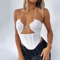 Hanging neck vest, sexy mesh, backless pleated sleeveless fishbone bra top