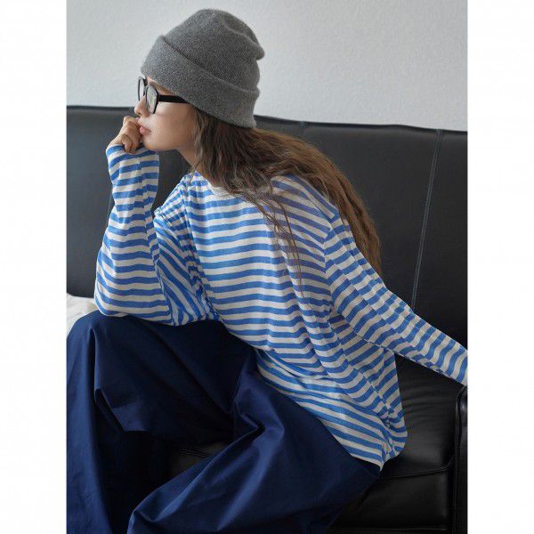 Autumn New Lazy Soft Sticky Wool Striped T-shirt Loose and Slim Comfortable Long sleeved Casual Top
