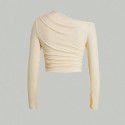 Sexy and pure desire style slanted shoulder knit top with a slim fit pleated long sleeved bottom for both inner and outer wear