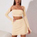 Fashion Set Skirt Sexy Mesh Hanging Neck Zipper Top Wrap Hip Skirt Set Two Pieces