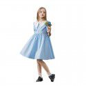 Girl's Bubble Sleeves Doll Neck Dress for Children's Big Children Cotton Fabric Tencel Cool Princess Dress