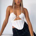 Hanging neck vest, sexy mesh, backless pleated sleeveless fishbone bra top