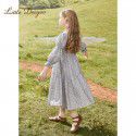 Girl's dress, spring and autumn, spring clothing, big children's dress, long sleeved retro children's floral dress, bubble sleeves