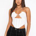 Hanging neck vest, sexy mesh, backless pleated sleeveless fishbone bra top