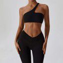 Diagonal one shoulder quick drying tight yoga suit set for running, leisure, nude feeling, sports and fitness for women