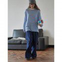 Autumn New Lazy Soft Sticky Wool Striped T-shirt Loose and Slim Comfortable Long sleeved Casual Top