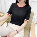 Ice hemp short sleeved t-shirt for women in summer, new women's color matching, thin and fashionable, slimming, ice silk base knit shirt for women 