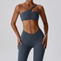 Diagonal one shoulder quick drying tight yoga suit set for running, leisure, nude feeling, sports and fitness for women