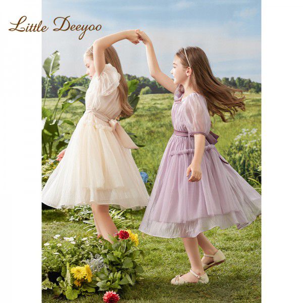 Girl's dress, children's texture chiffon skirt, waist cinched bubble sleeves, super fairy princess skirt