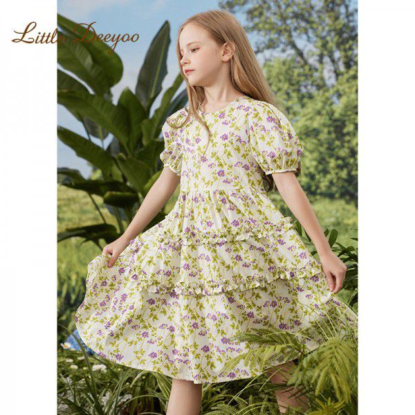 2023 Summer New Girl's Fragmented Flower Dress Fashionable Children's Bubble Sleeves Wooden Ear Edge Princess Dress Big Children's Dress