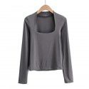 Autumn Sexy Low Chest Square Neck Solid Long Sleeve T-shirt Women's Slim Fit Slim Underlay Top 