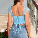 Sexy Lace Top Women's Square Neck Open Back Fold Open Navel Short T-shirt Top Women's