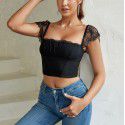 Sexy Lace Top Women's Square Neck Open Back Fold Open Navel Short T-shirt Top Women's