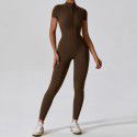 Zipper short sleeved nude yoga jumpsuit for women's outerwear fitness and sports jumpsuit