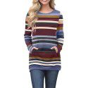 Autumn and Winter Long Sleeve T-shirt Women's Striped Top Bottom Shirt Women's Round Neck Kangaroo Pocket Sweatshirt 