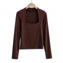 Autumn Sexy Low Chest Square Neck Solid Long Sleeve T-shirt Women's Slim Fit Slim Underlay Top 