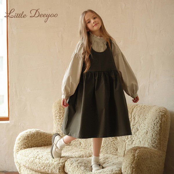 Girls Spring Strap Skirt Autumn Dress, Big Kids Forest style Bubble Sleeve Shirt Loose Two Piece Set