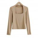 Autumn Sexy Low Chest Square Neck Solid Long Sleeve T-shirt Women's Slim Fit Slim Underlay Top 