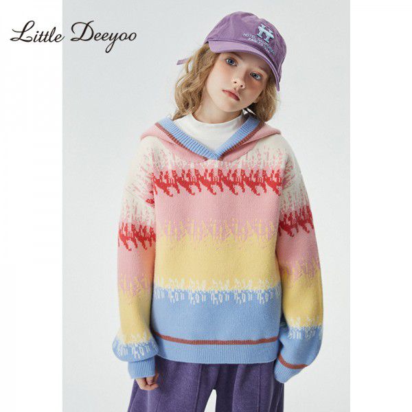 Girls Autumn/Winter Gradient Rainbow Sweater 2 Winter New Children's Middle and Big Children's Pullover Hooded Western Style Knitwear