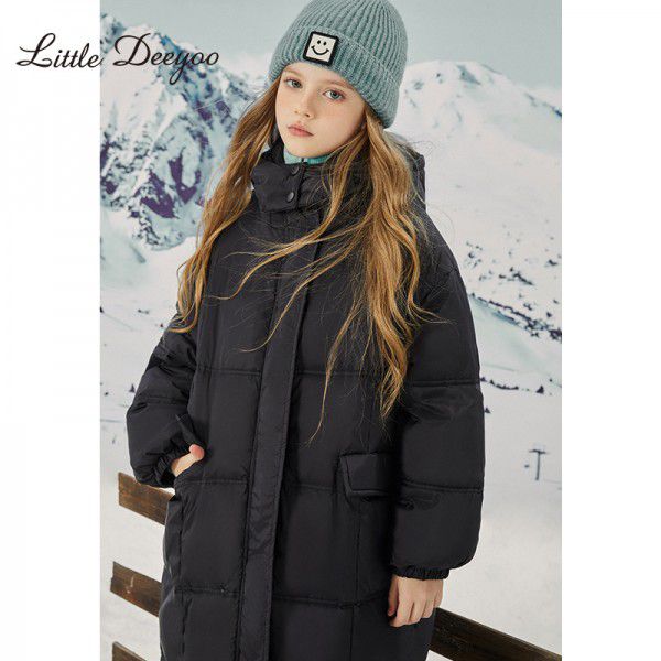 Girls autumn/winter mid length down jacket, winter new 90 white duck down children's hooded jacket trend